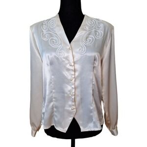 Vintage 80s/90s Cream Squiggle Pearl Button Blouse w Rhinestones Women Size Med